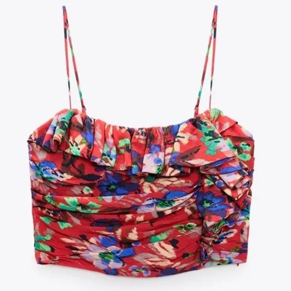 Zara Tops Zara Pleated Floral Print Corset Crop Top With Ruffle